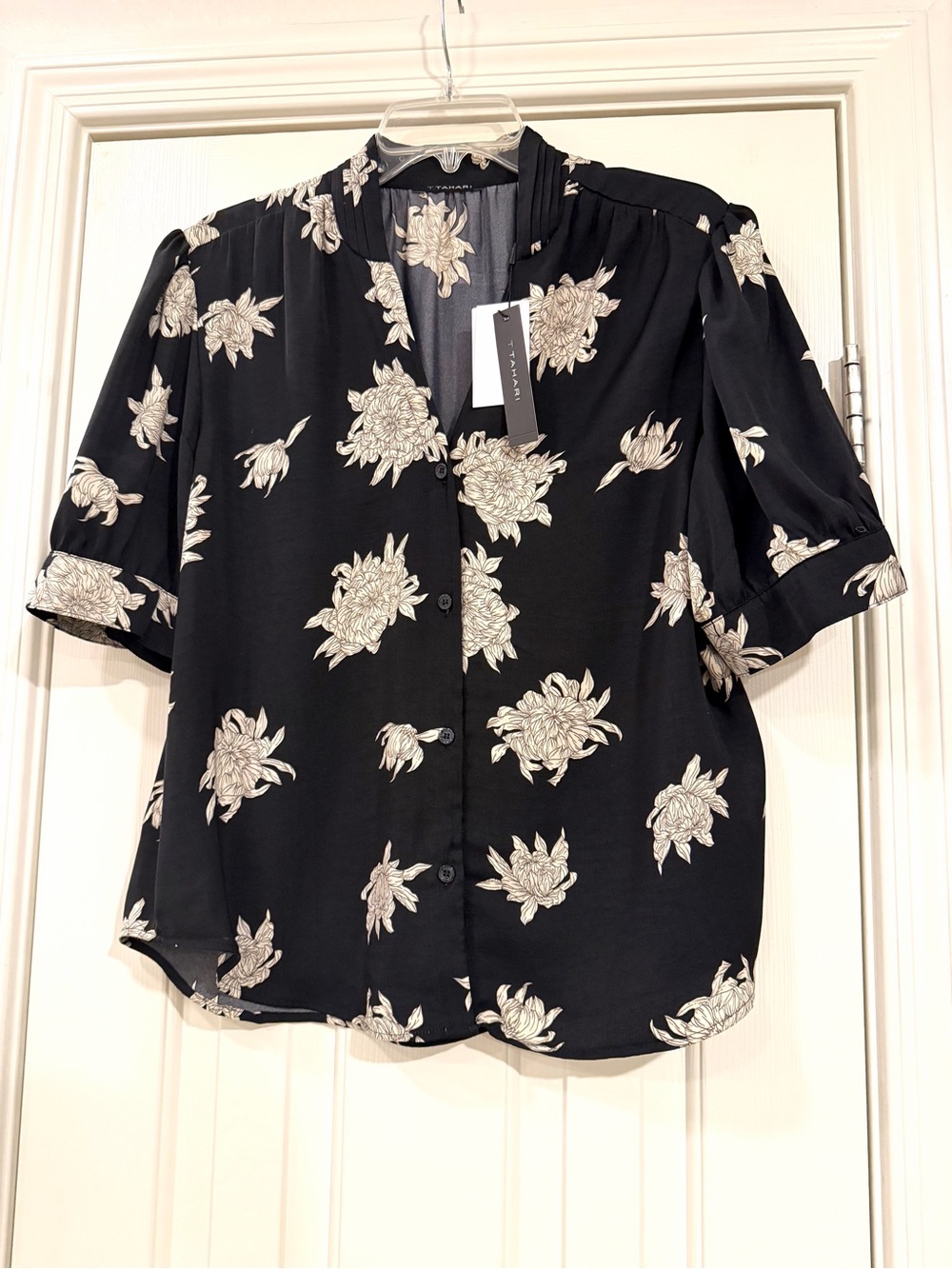 NEW T Tahari Black Blouse with Cream Floral Print